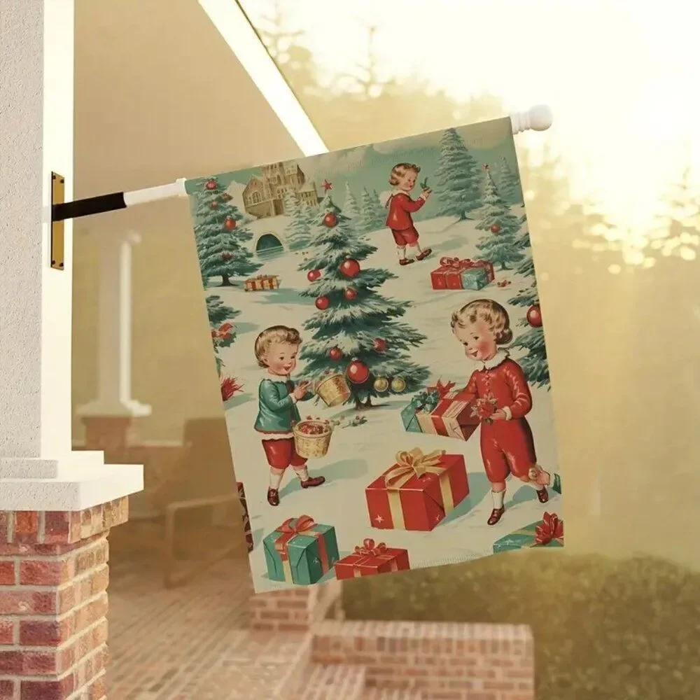 12 x 18 Holiday Wall Banner Festive Christmas Kids and Presents Merry Christmas